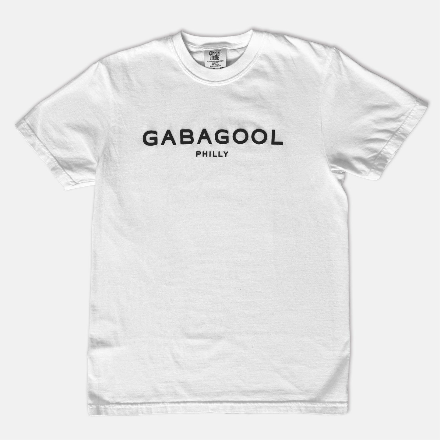 White t-shirt with 'GABAGOOL PHILLY' text on a white background
