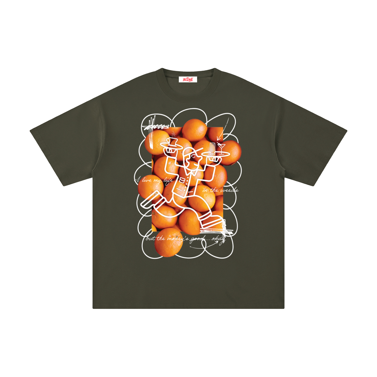 Deli,Tshirt,shirt,oranges,weeds,culinary,clothing,funny,waiter,chef