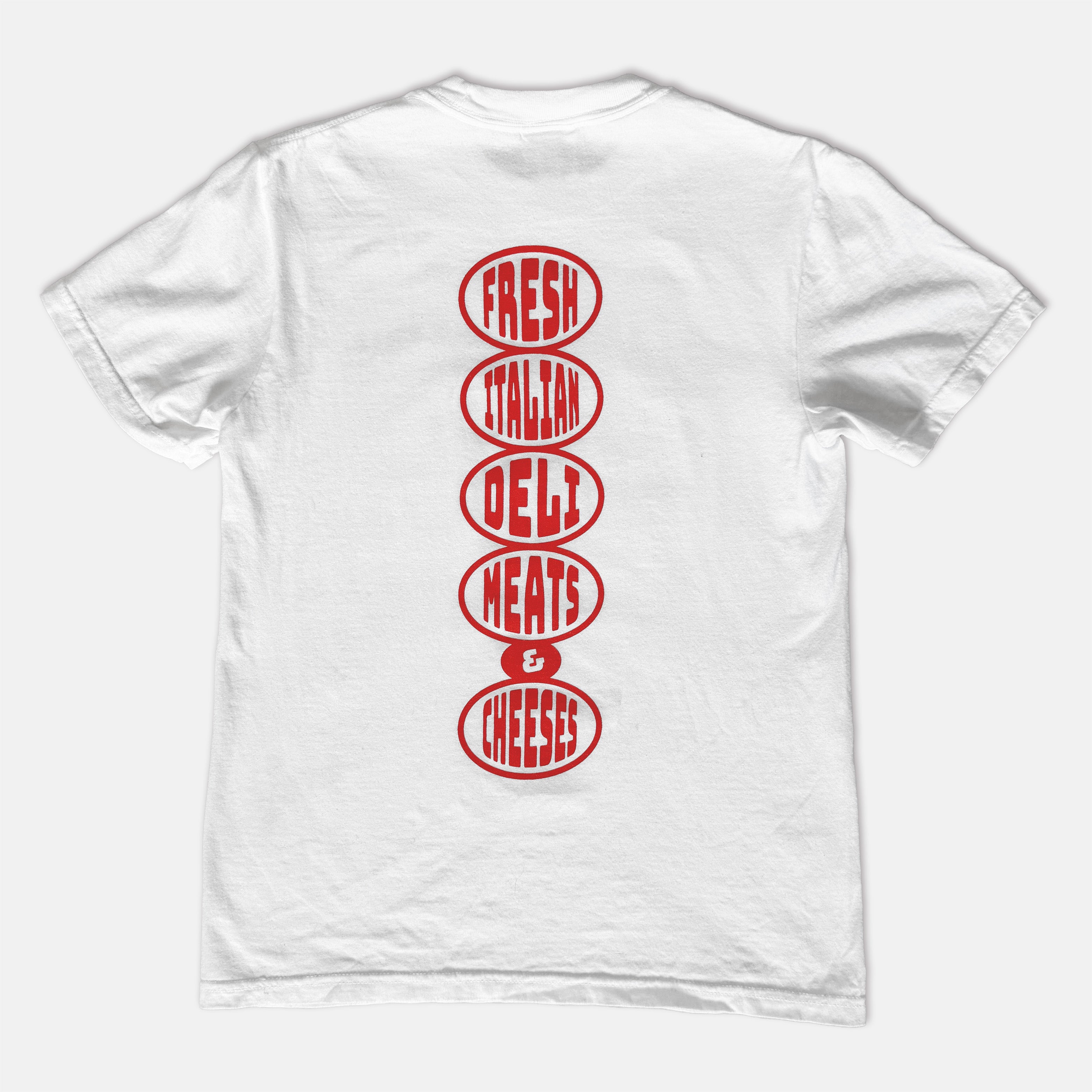 White t-shirt with red text — Fresh Italian Deli Meats & Cheeses — on the back on a white background