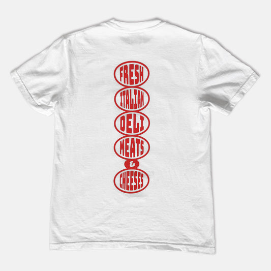 White t-shirt with red text — Fresh Italian Deli Meats & Cheeses — on the back on a white background