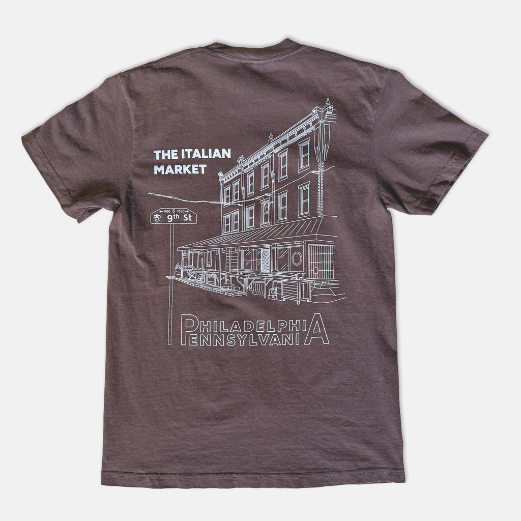 Brown t-shirt with white graphic design of The Italian Market in Philadelphia on a white background