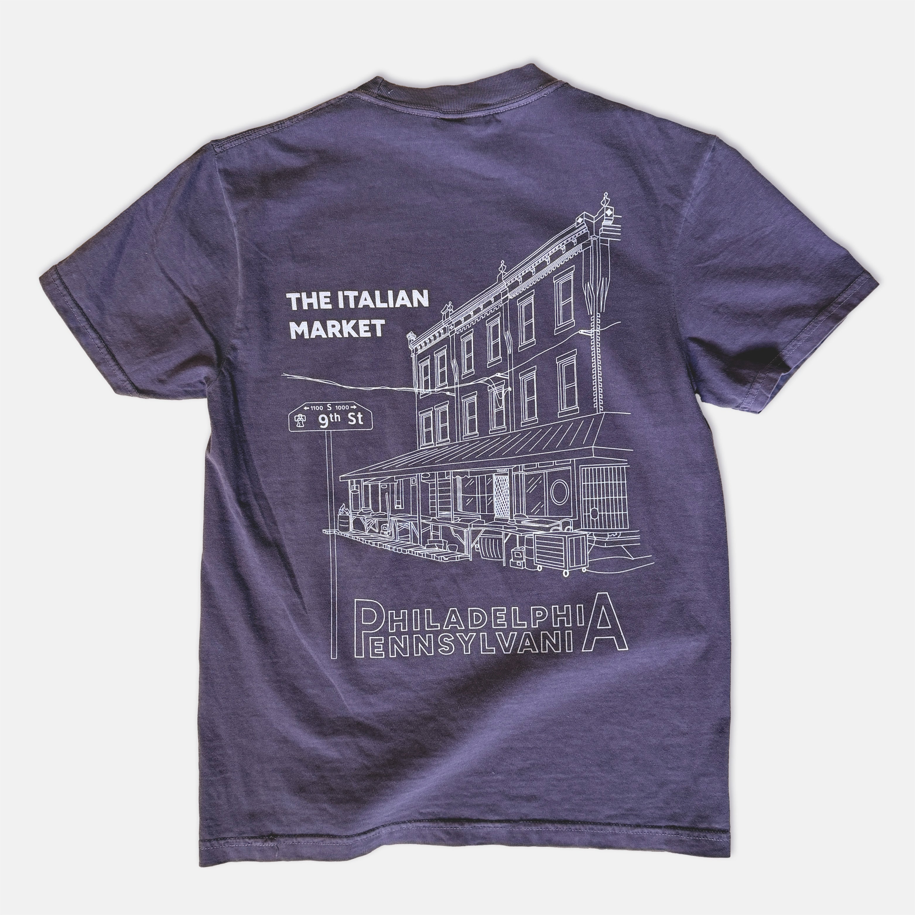 Purple t-shirt with white Italian Market graphic illustration and text