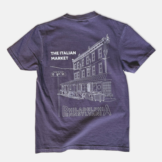 Purple t-shirt with white Italian Market graphic illustration and text