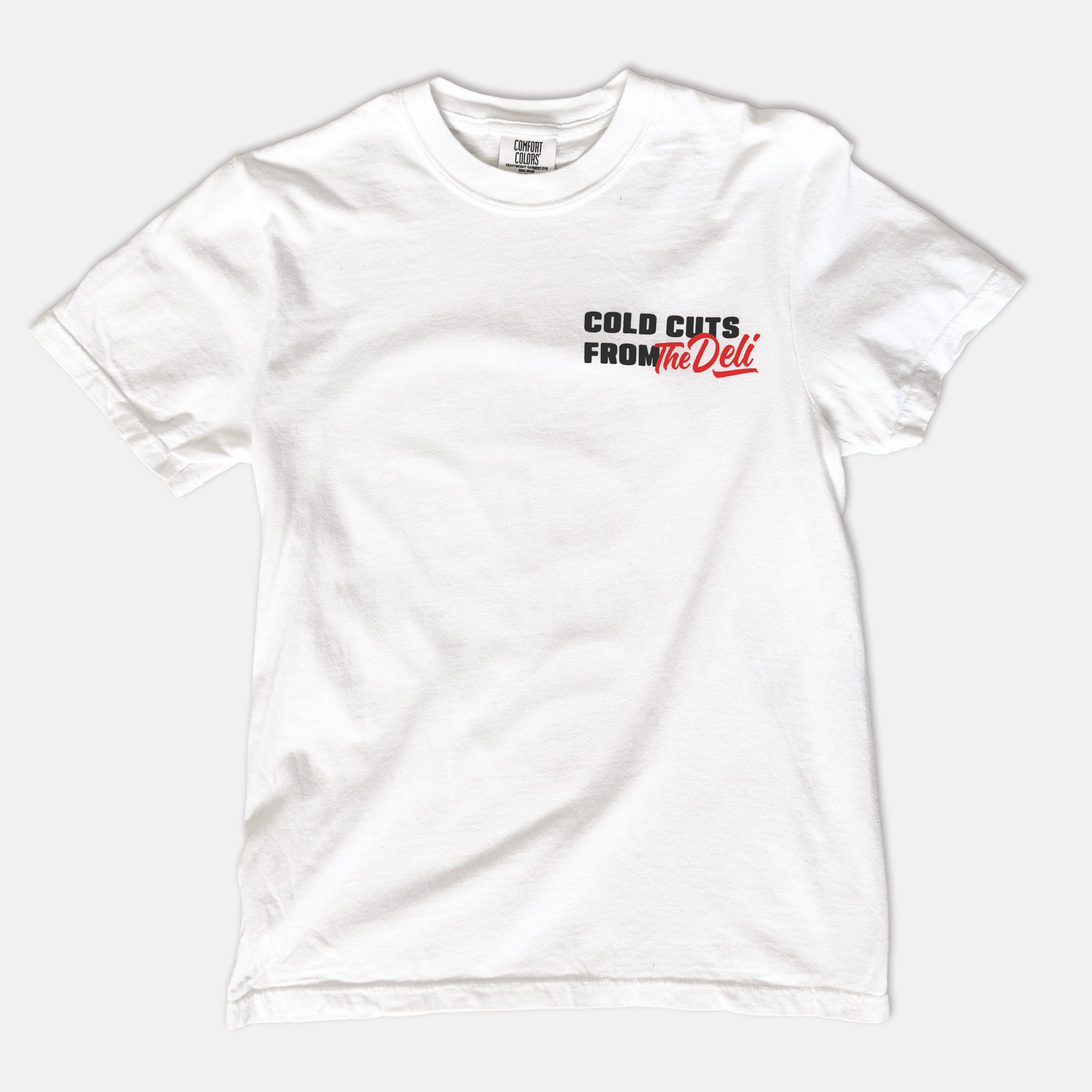 White t-shirt with 'Cold Cuts from the Deli' text on a white background