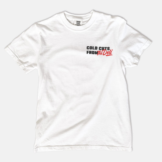 White t-shirt with 'Cold Cuts from the Deli' text on a white background