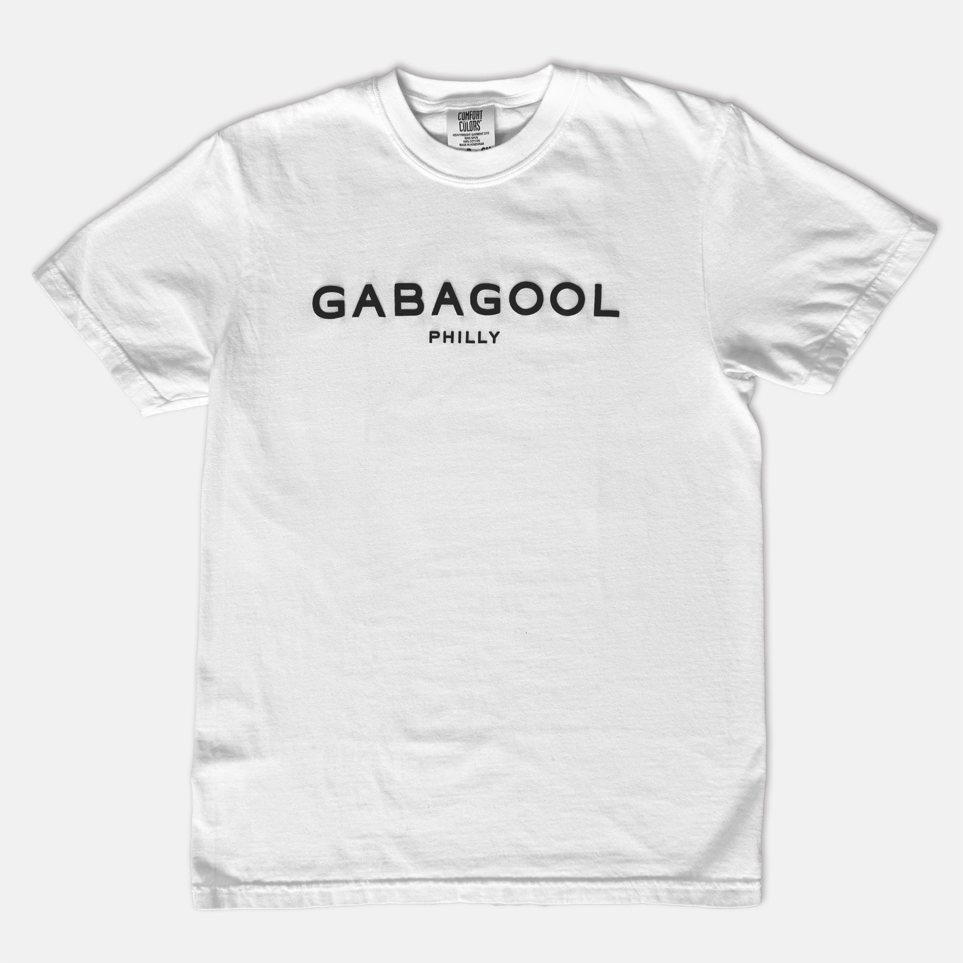 White t-shirt with 'GABAGOOL PHILLY' text on a white background