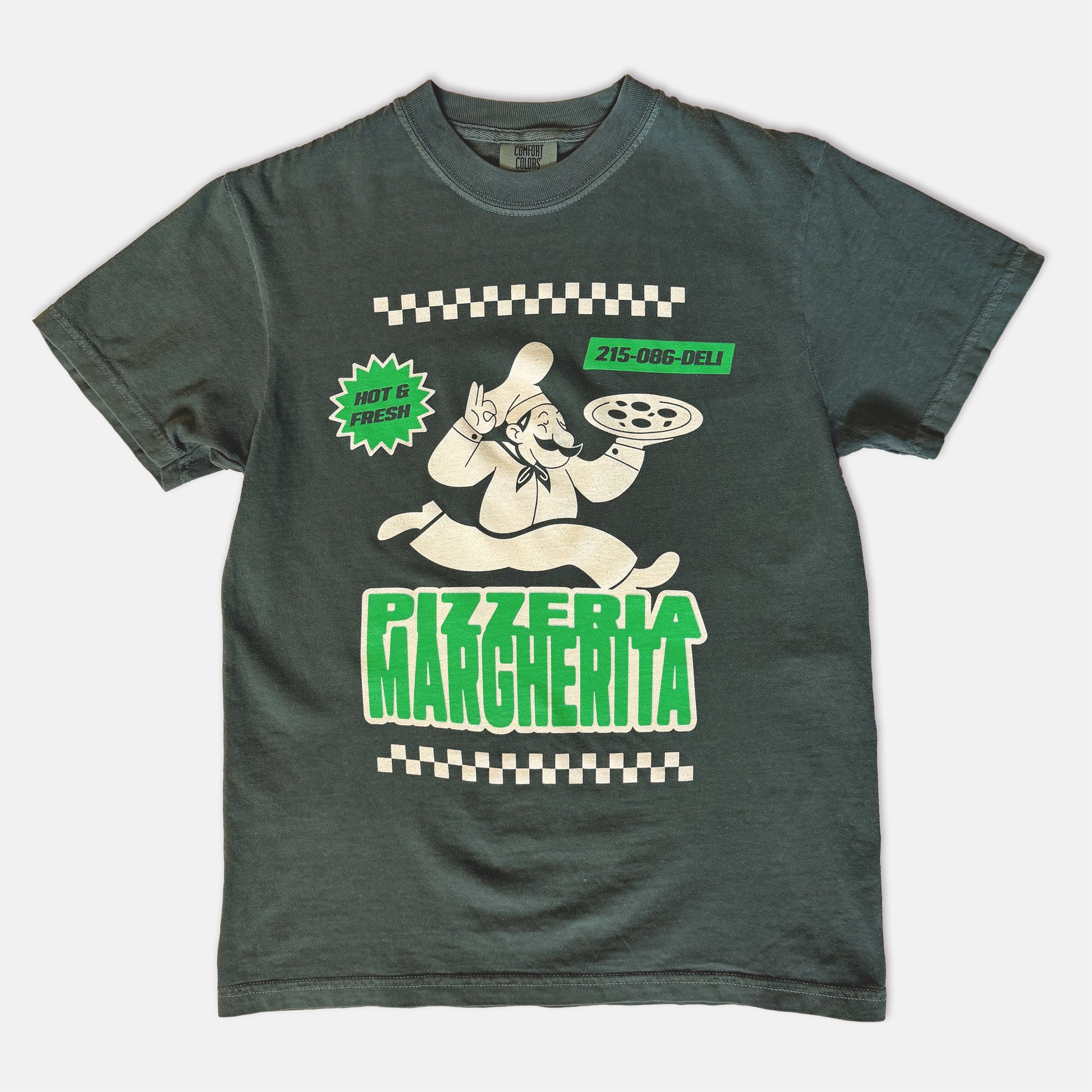 Green t-shirt with a graphic  of a chef holding a pizza and text 'Pizzeria Margherita' in lime green with a cream outline.