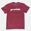 Burgundy t-shirt with 'prosciutto' text in white